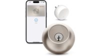 Image of Lock+ Connect & a satin nickel doorknob.